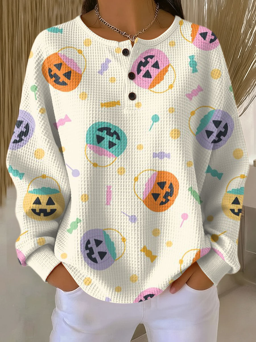 Women's Halloween Pumpkin Candy Pattern Art Print Casual Cotton Shirt