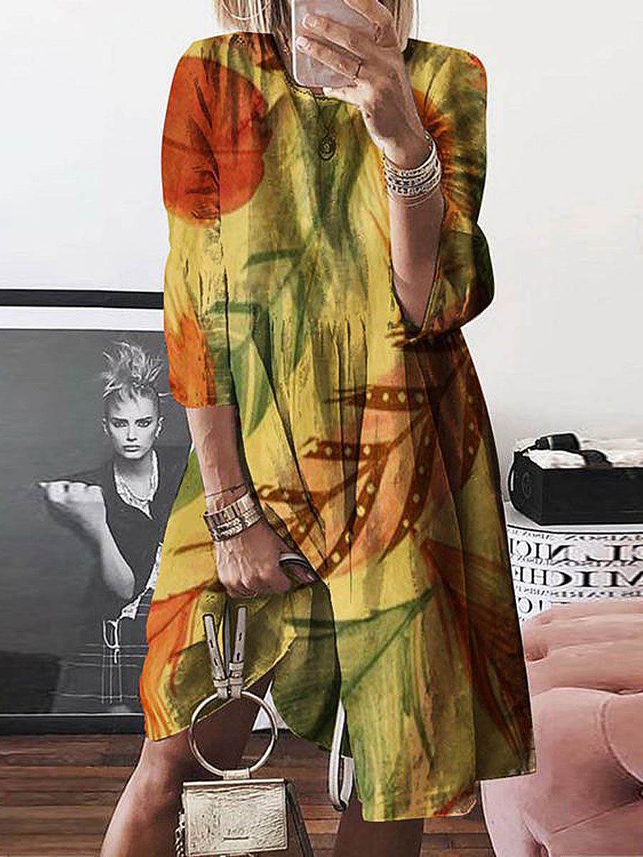 Women's Lovely Leaf Art Print Casual Elegant Cotton And Linen Dress