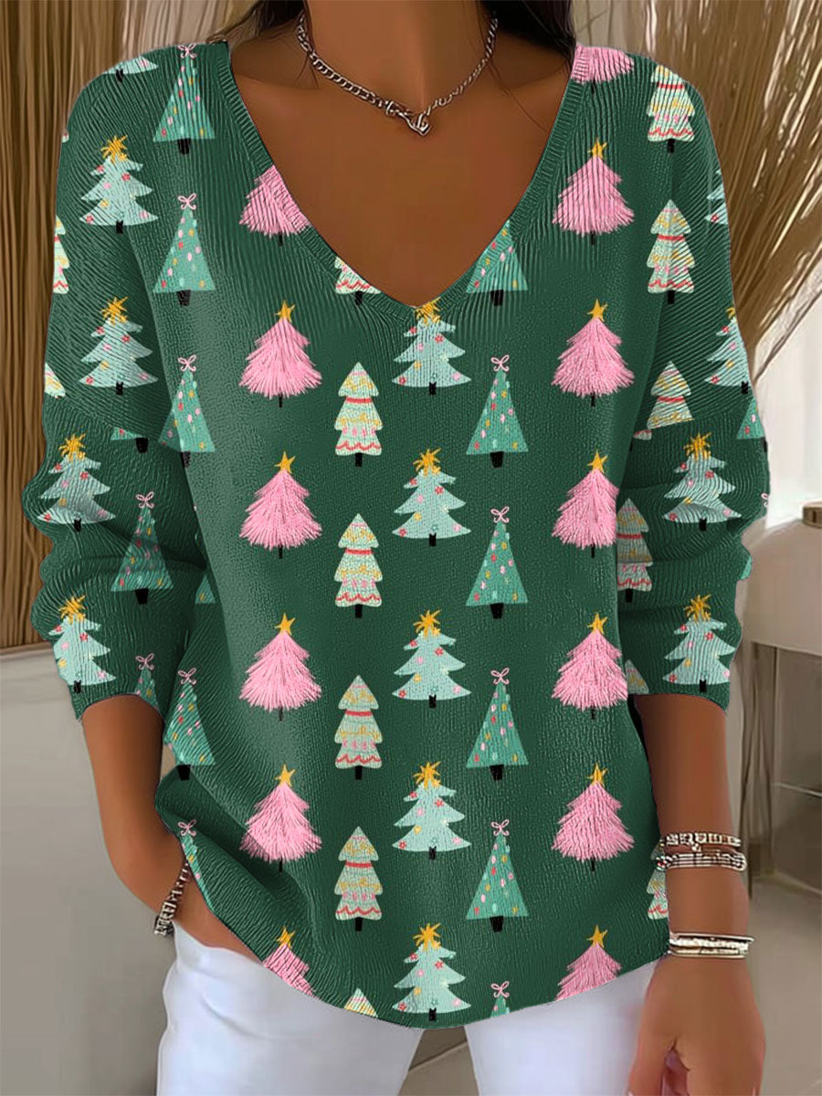 Women's Vintage Christmas Tree Art Print Casual Pullover Sweater