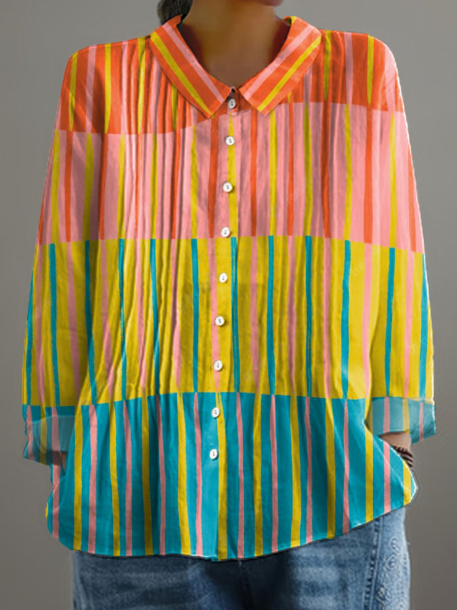 Women's Abstract Geometric Pattern Art Print Casual Cotton And Linen Ruffle Shirt