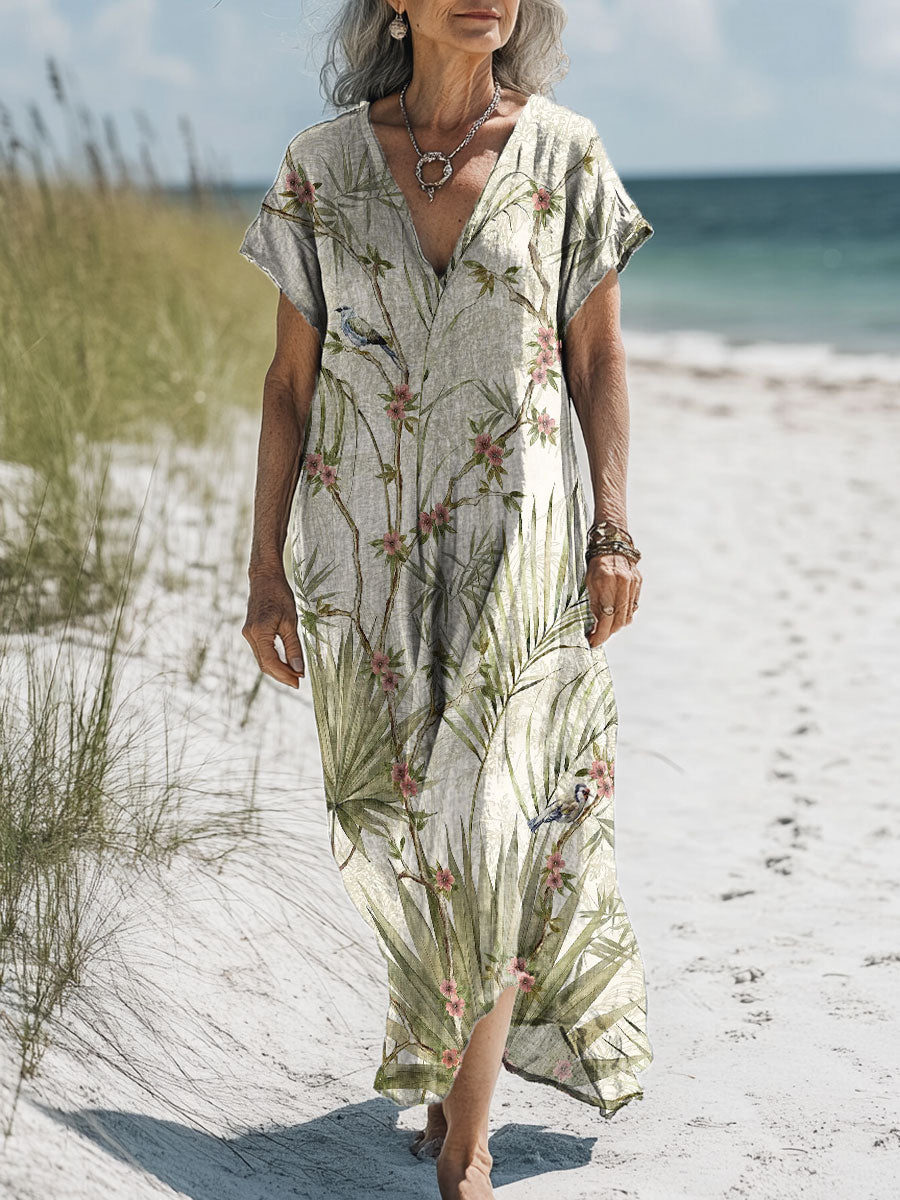 Women's Plant And Flower Art Print Pocket Cotton Dress