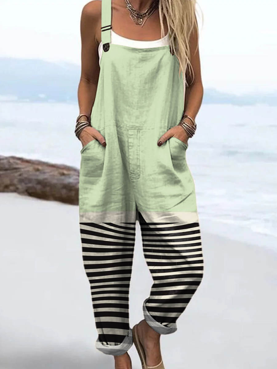 Women's Abstract Line Pattern Art Print Casual 100% Cotton Wide Leg Jumpsuit