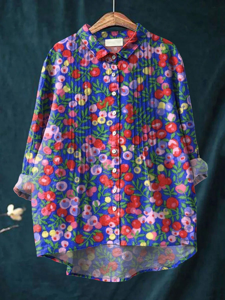 Women's Simple Floral Pattern Art Print Casual Cotton And Linen Ruffle Shirt