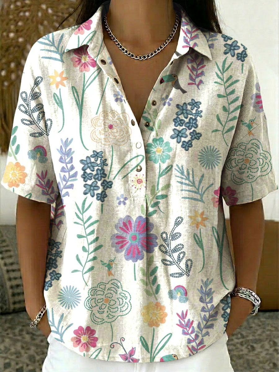Women's Floral Print Casual Cotton-linen Shirt