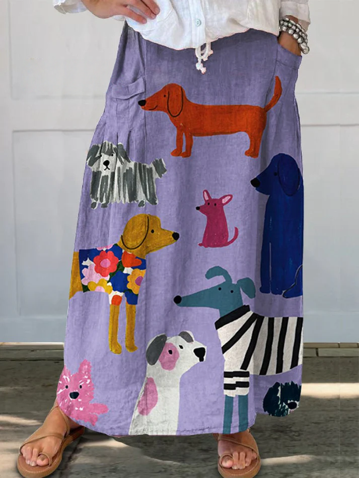 Women's  Dog Art  Print   Linen Pocket Skirt