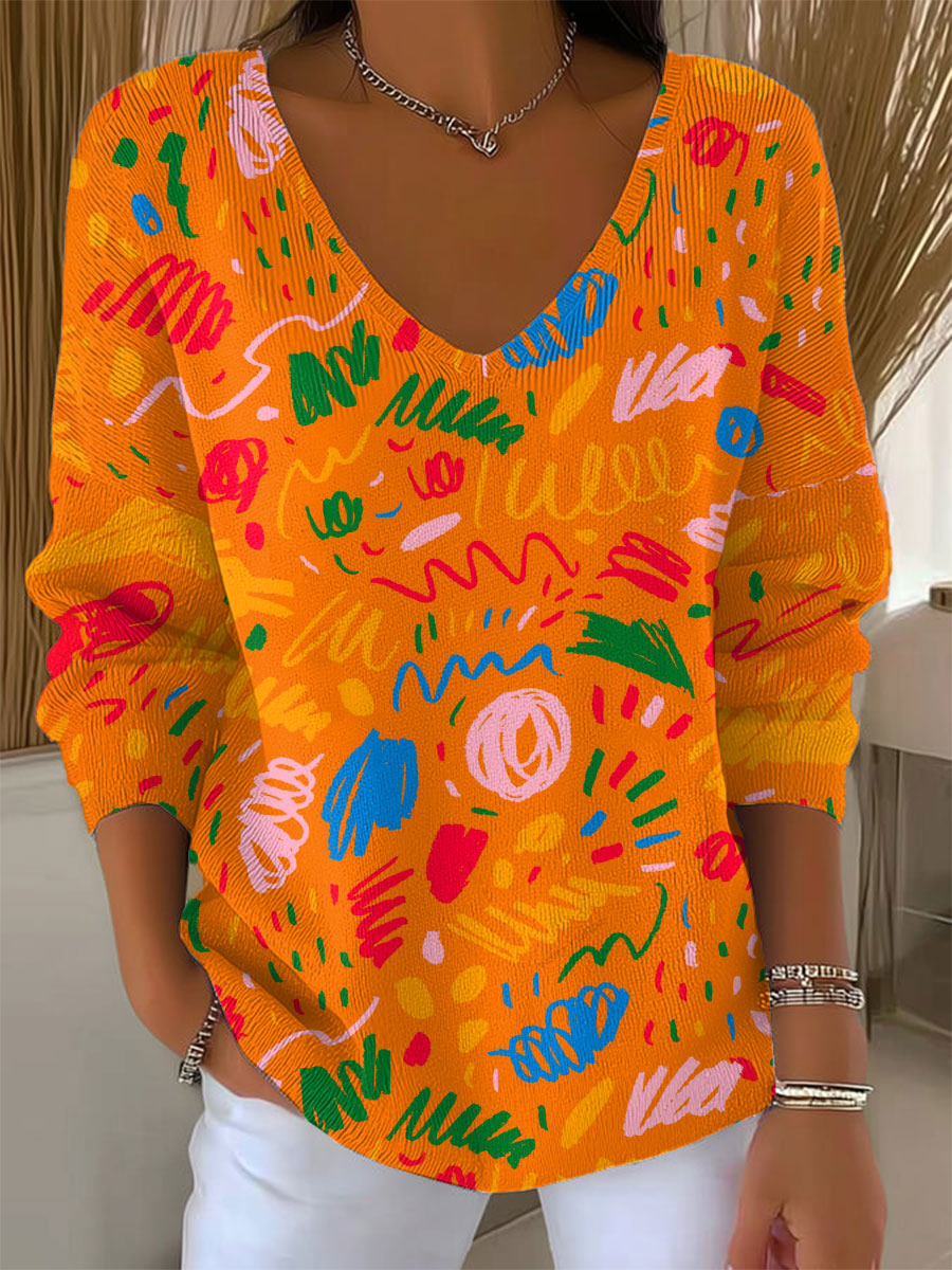 Women's  Vintage Graffiti Art Print Casual Pullover Sweater