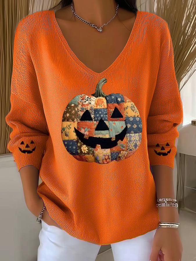 womens-vintage-pumpkin-art-print-casual-pullover-sweater-2nll
