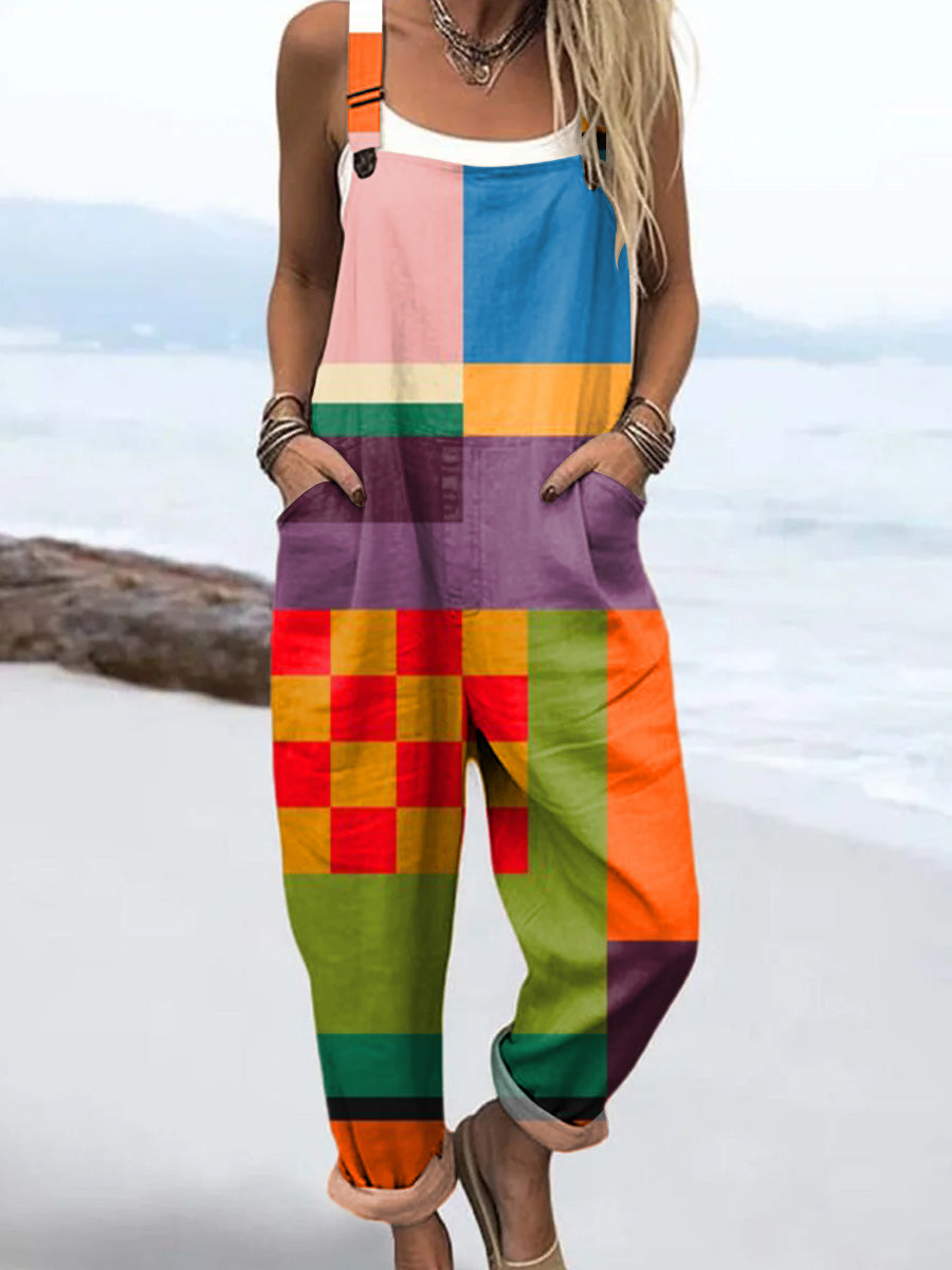 Women's Colorful Art Abstract Geometry Print Casual 100% Cotton Wide Leg Jumpsuit