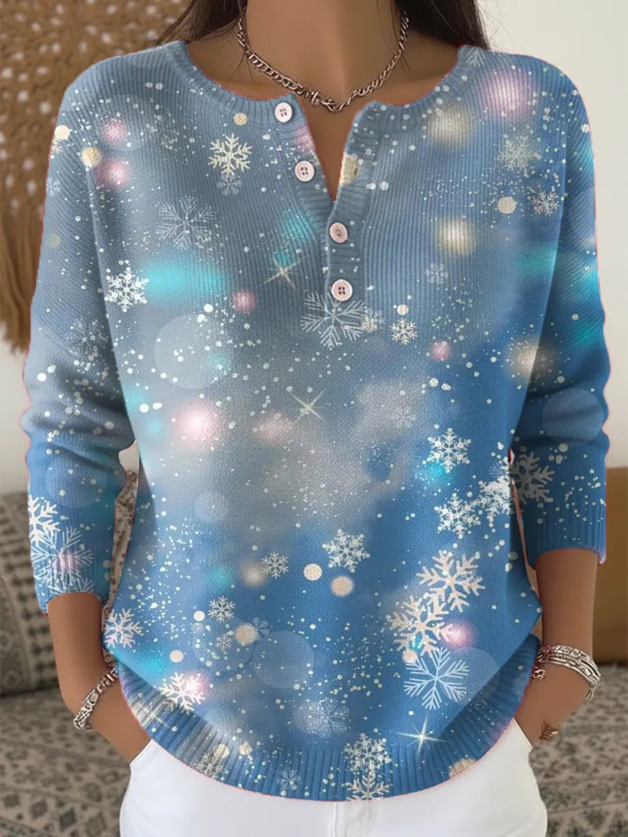 Women's Snowflake Pattern Art Print Buttoned Cardigan Sweater