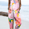 Women's Abstract Colorful Flowers Painting Art Print Casual 100% Cotton Wide Leg Jumpsuit