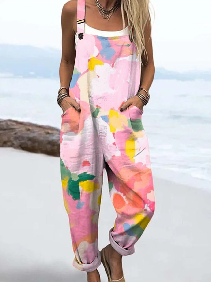 Women's Abstract Colorful Flowers Painting Art Print Casual 100% Cotton Wide Leg Jumpsuit