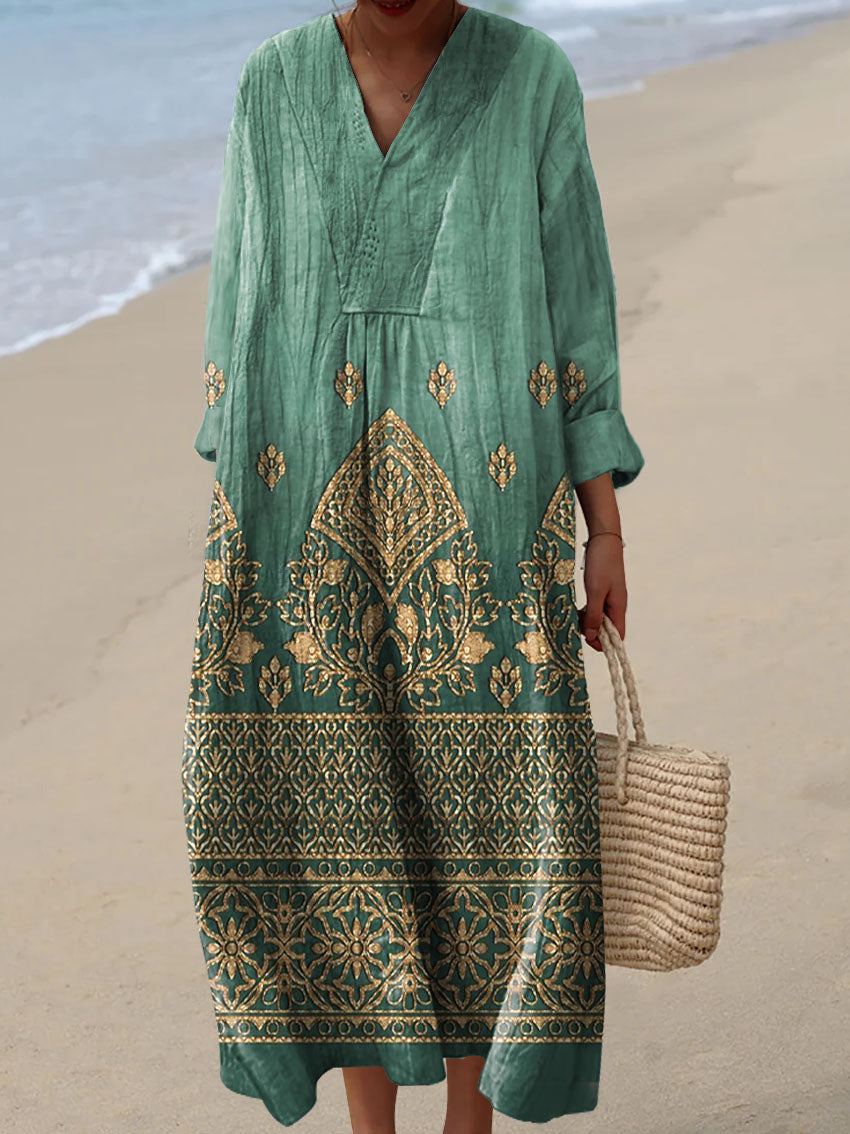 Women's Vintage Ethnic Floral Art Print Cotton Dress