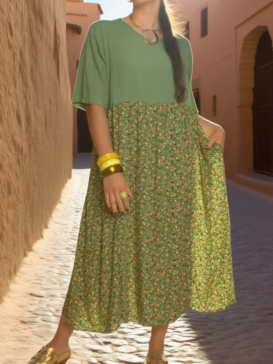 Women's Natural Floral Print Patchwork Cotton Dress