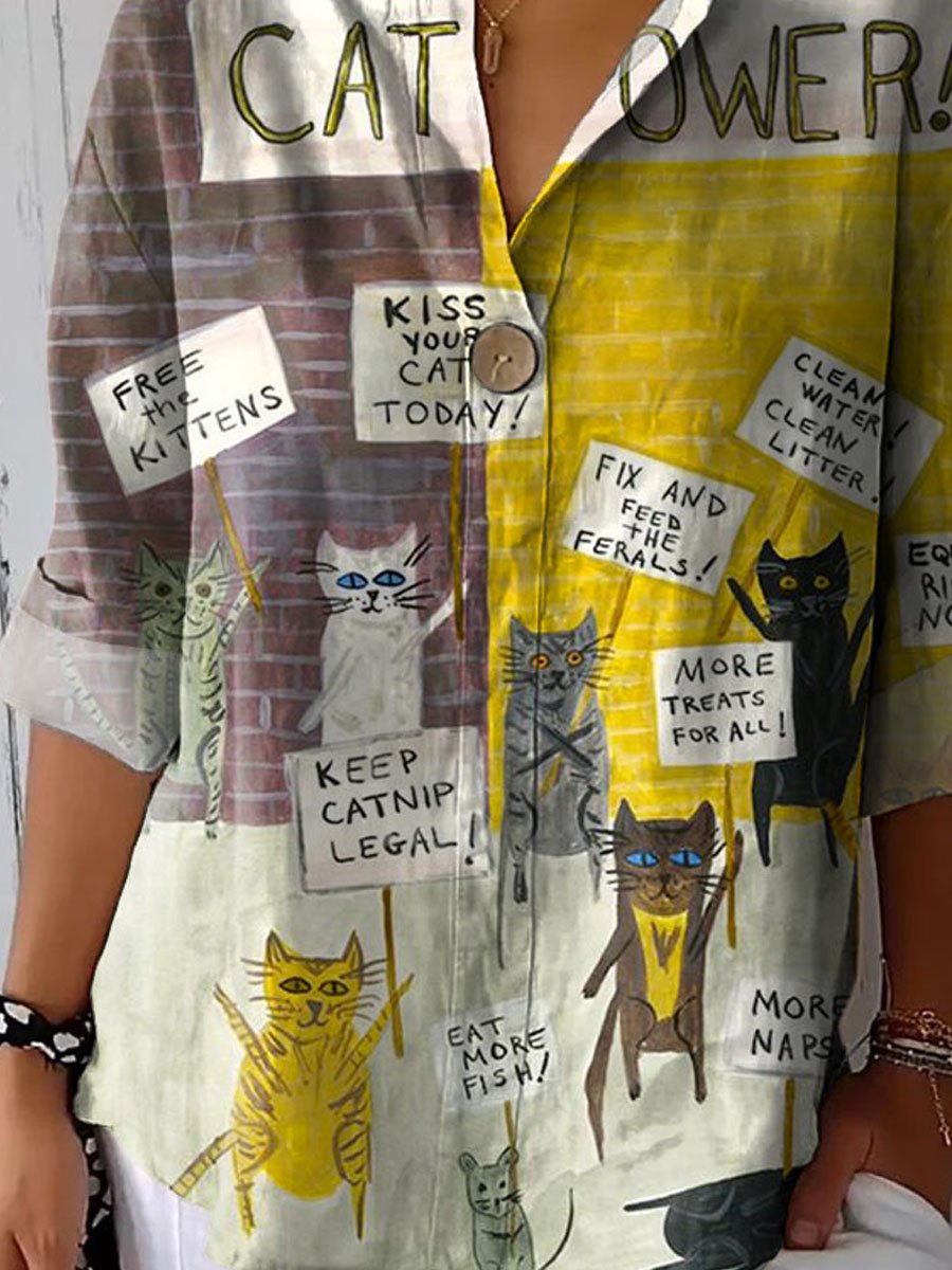 Women's Vintage Lovely Cats Art Print Casual Cotton Linen Shirt