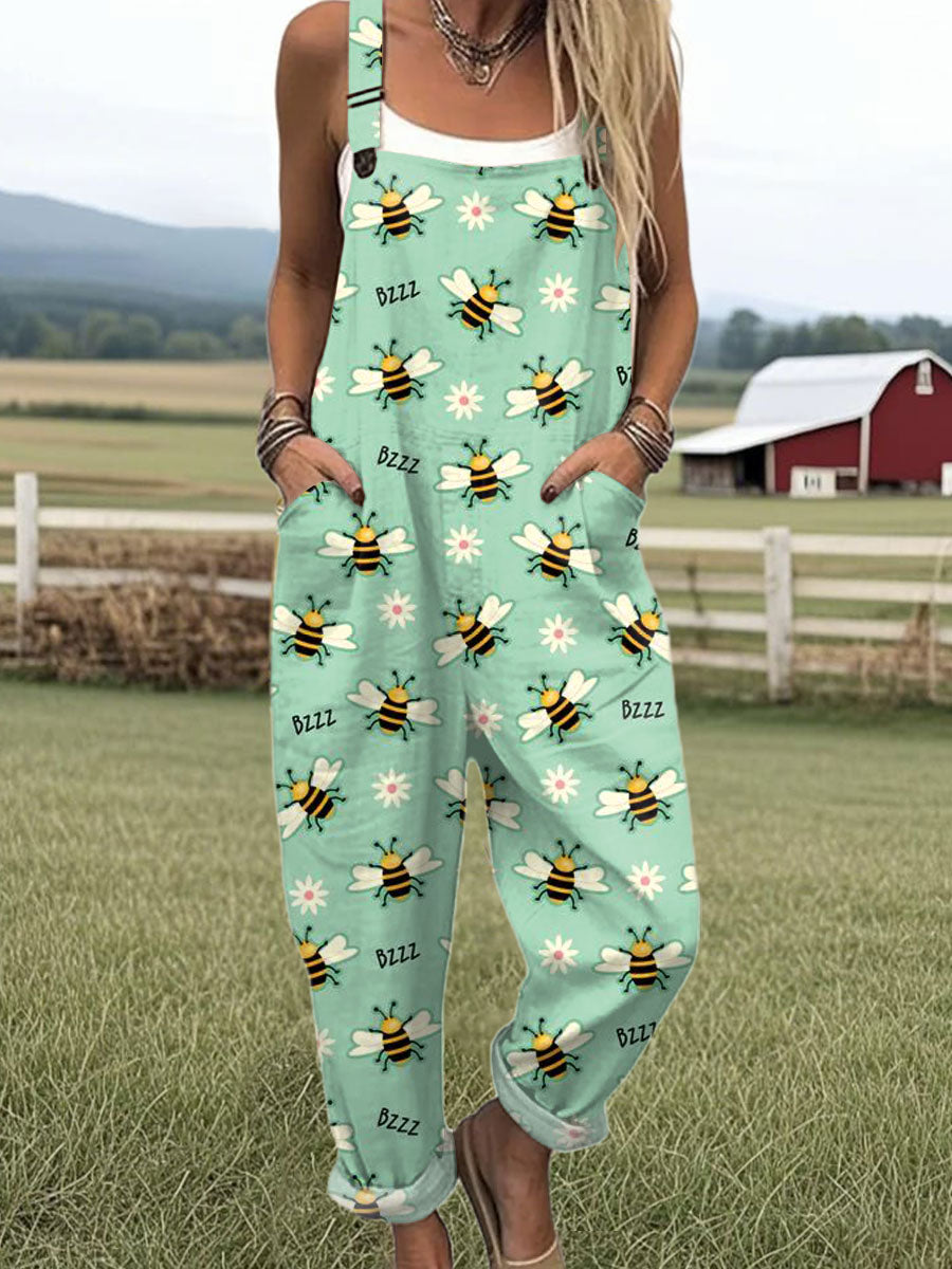 Women's  Bee  Floral  Art Print Casual 100% Cotton Wide Leg Jumpsuit