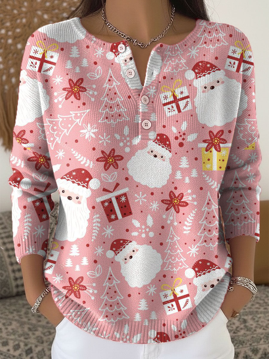 Vintage Christmas Santa  Art Print Buttoned Cardigan Sweater