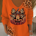 Women's Leopard Print Pumpkin V-Neck Sweater Top