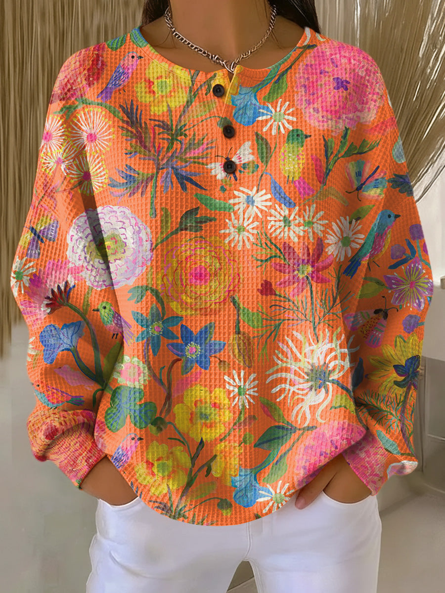 Women's Beautiful Colorful Floral Painting Art Print Casual Cotton Shirt