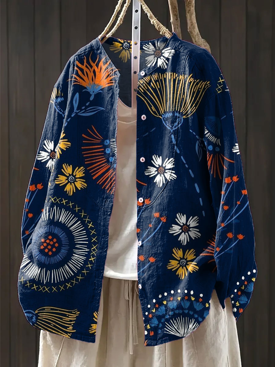 Women's Vintage Flower Art Print Casual Cotton And Linen Shirt