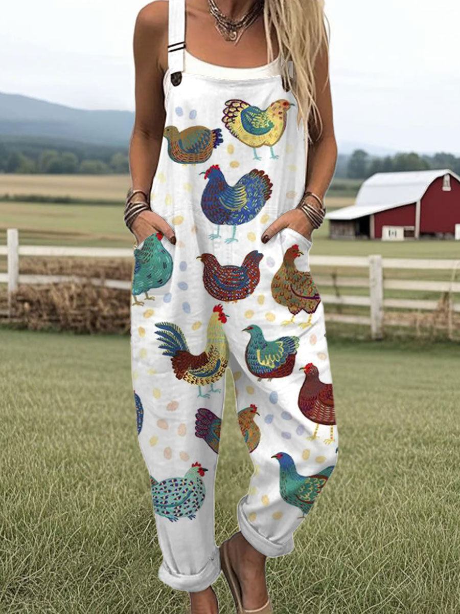 Women's  Funny Chicken Art Print Casual 100% Cotton Wide Leg Jumpsuit