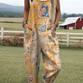 Women's  Vintage Flower Art Print Casual 100% Cotton Wide Leg Jumpsuit