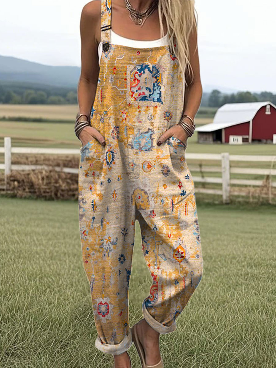 Women's  Vintage Flower Art Print Casual 100% Cotton Wide Leg Jumpsuit