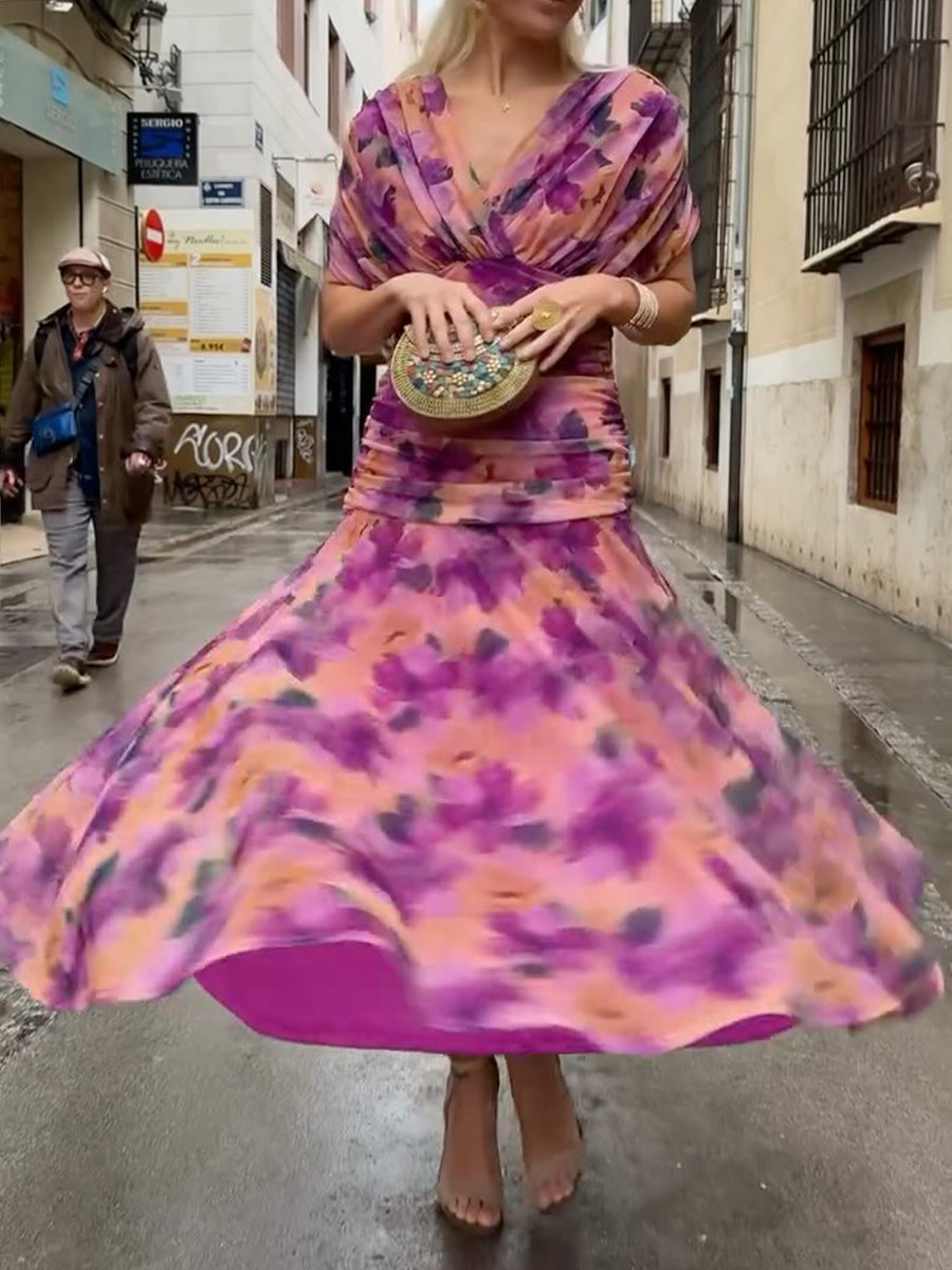 Women's Elegant Mesh Floral Printed Boutonniere Dress