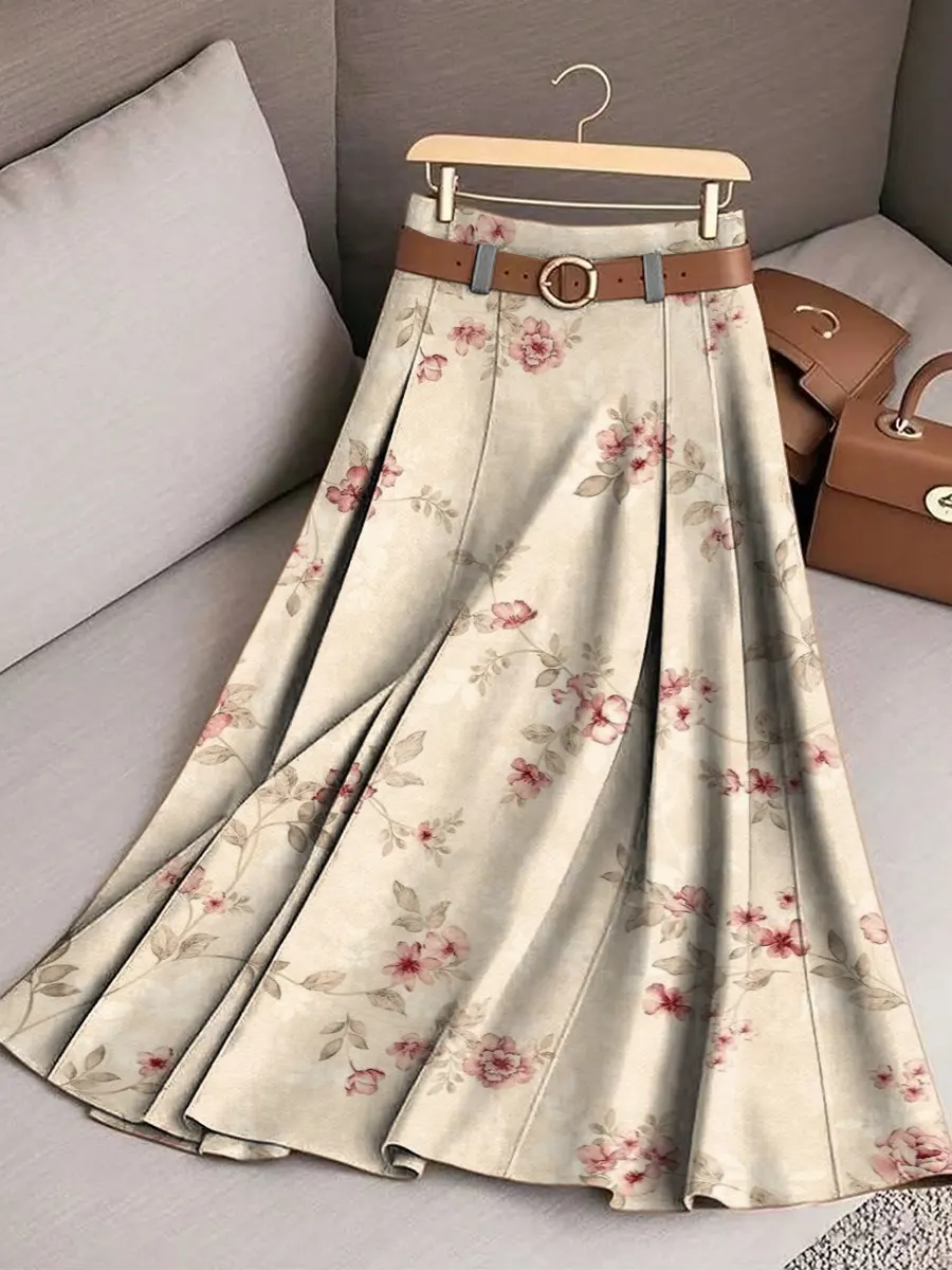Women's Vintage Art Floral Print Cotton Skirt