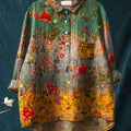 Women's Floral Art Print Casual Cotton And Linen Shirt