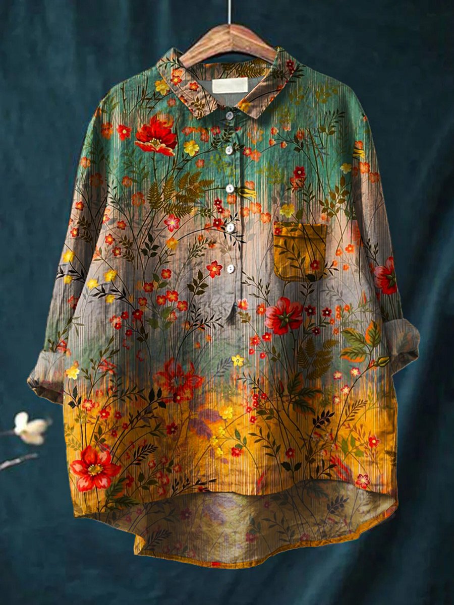 Women's Floral Art Print Casual Cotton And Linen Shirt