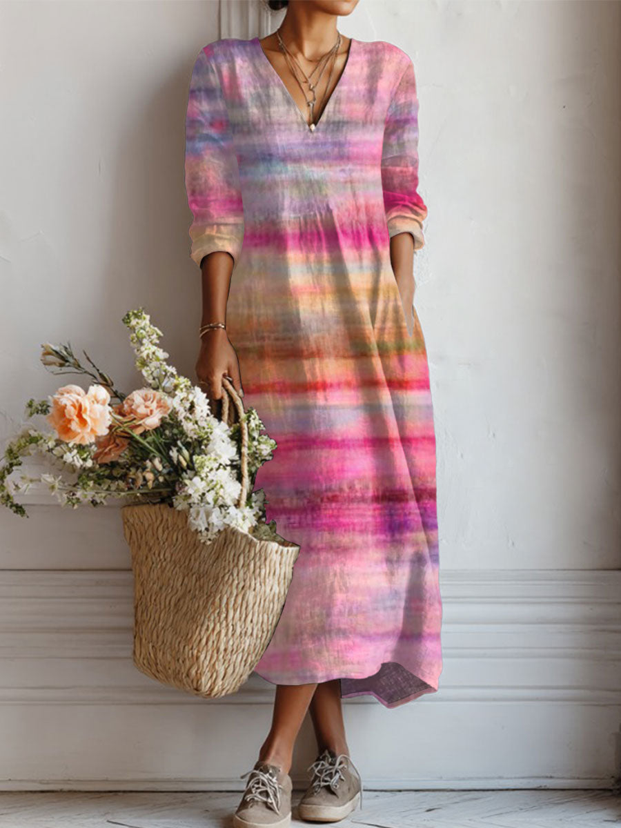 Women's Vintage Gradient Art Print Linen Pocket Tunic Dress