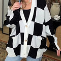 Women's Color-block Checkered V-neck Long-sleeve Casual Loose Knit Cardigan