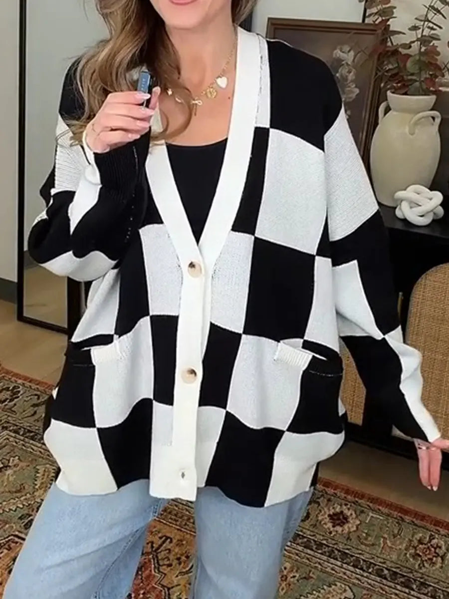 Women's Color-block Checkered V-neck Long-sleeve Casual Loose Knit Cardigan