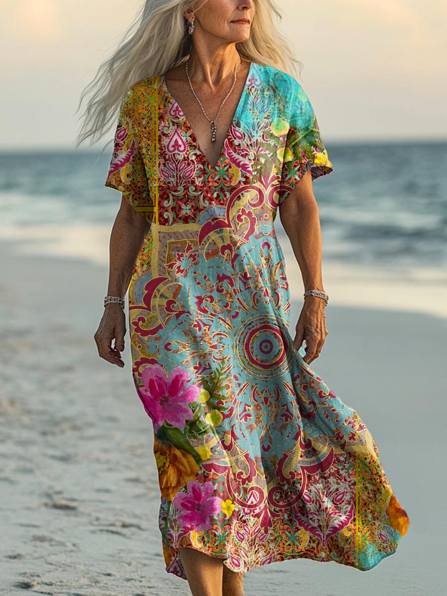 Women's Vintage Lovely Floral Art Print Cotton Dress