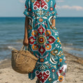 Robe vintage ethnique à imprimé floral géométrique en losanges pour femme