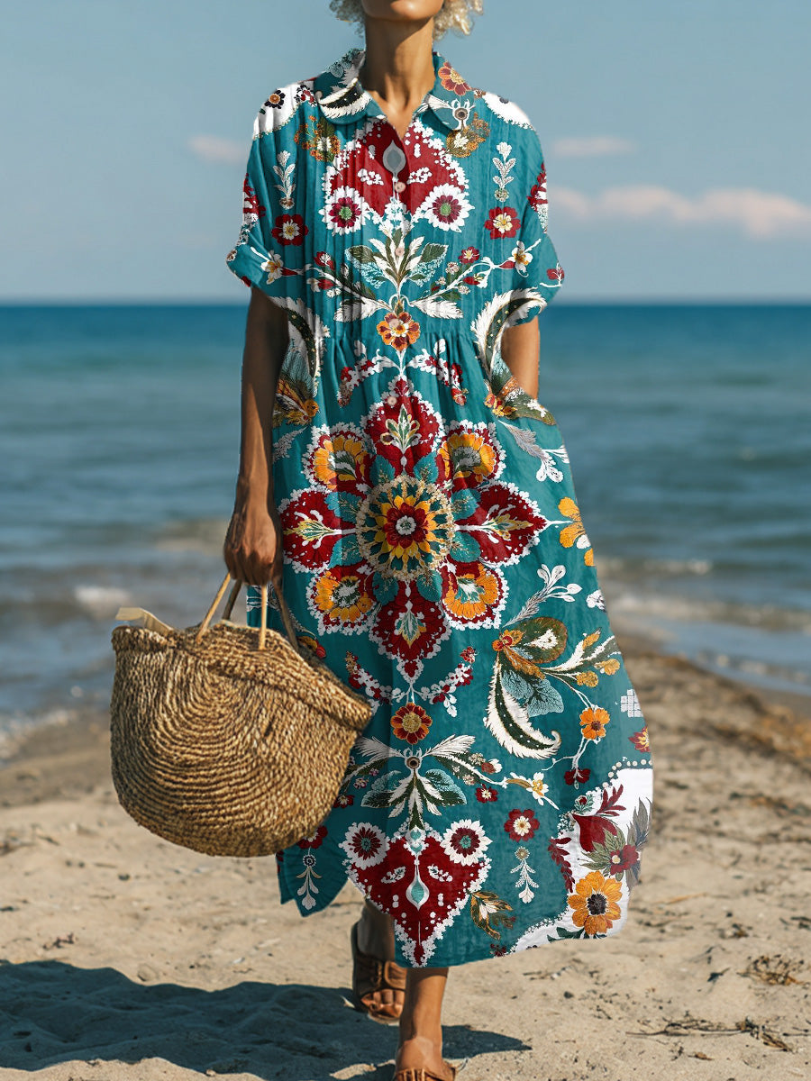 Women's Vintage Ethnic Rhombus Geometric Floral Painting Art Print Dress