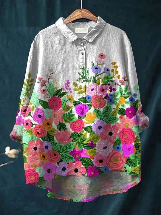 Women's Flower Painting Art Print Casual Cotton And Linen Shirt