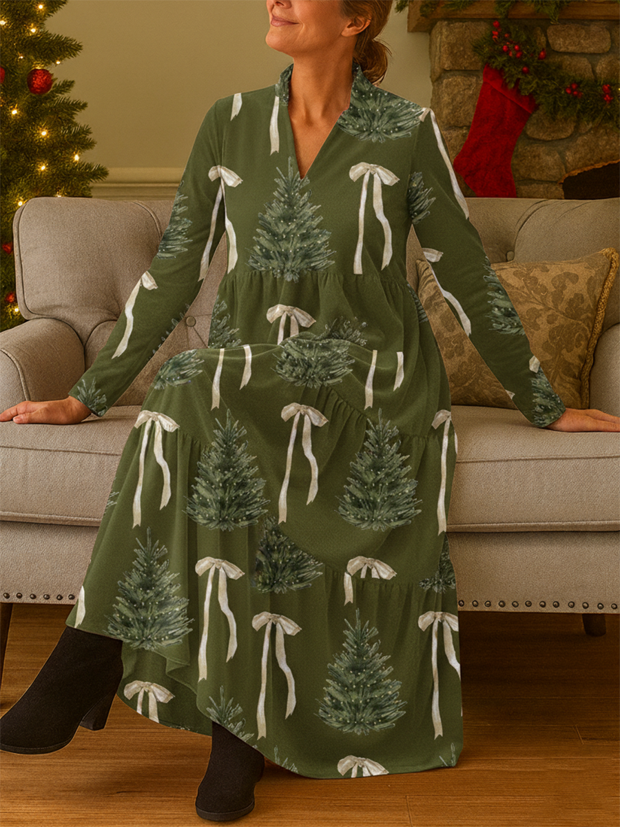 Women's Cedar Bow Print Velvet V-neck Midi Dress