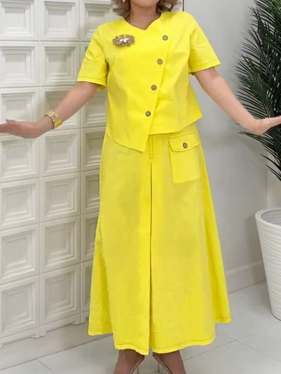 Women's Solid Color V-Neck Short Sleeve Casual Cotton and Linen Tops High Waist Casual Cotton and Linen Skirt Set