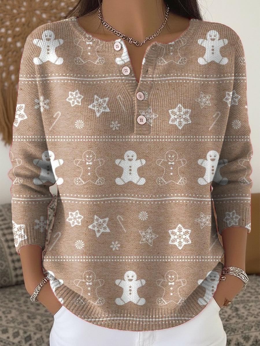 Vintage Winter Christmas Snowflake Cookie Painting Art Print Buttoned Cardigan Sweater