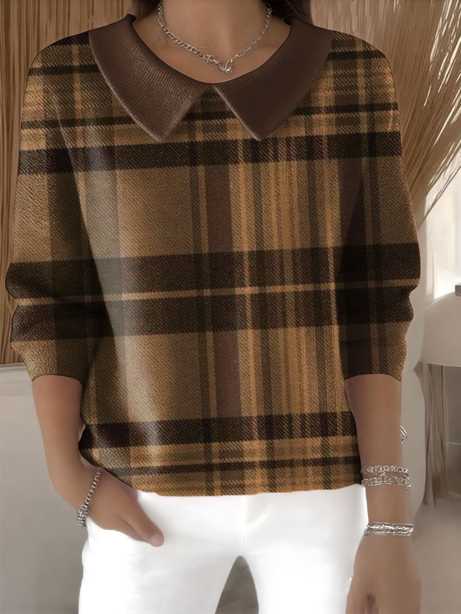 Women's Plaid Pattern Art Casual Print Peter Pan Collar 3/4 Sleeve Sweater