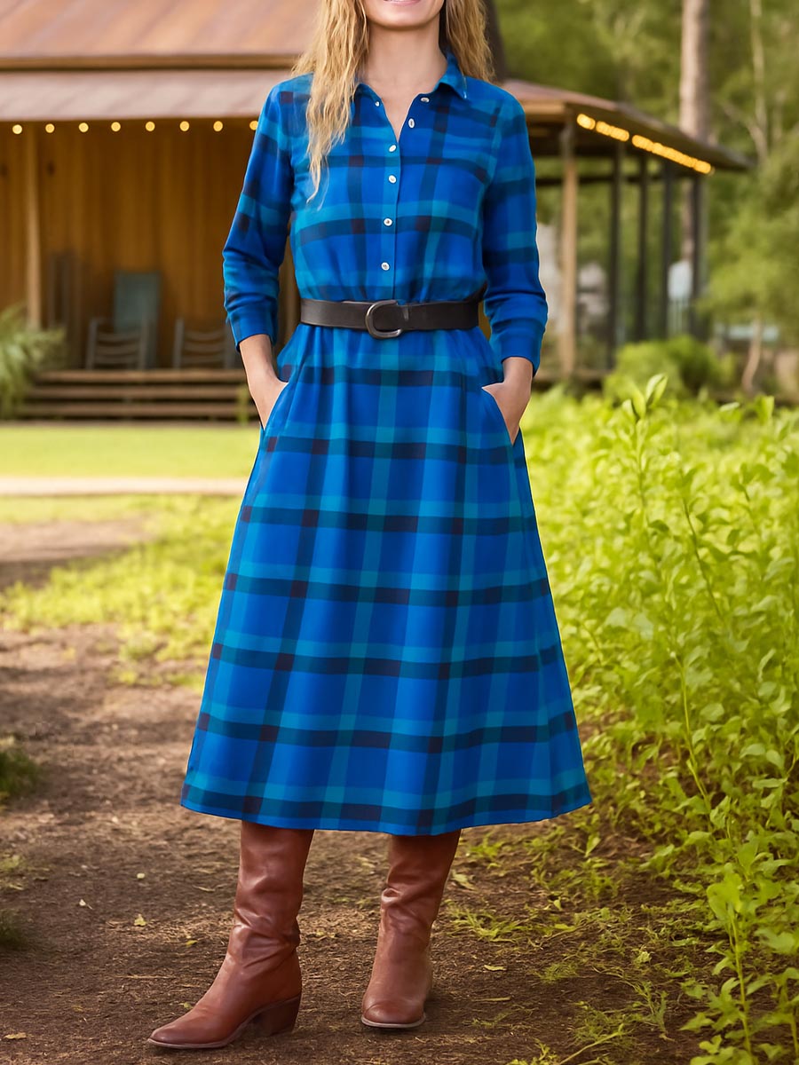 Women's Check Print Shirt Collar Long Sleeve Casual Loose Cotton Dress