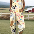 Women's Art Farm Fun Animals Print Casual 100% Cotton Wide Leg Jumpsuit