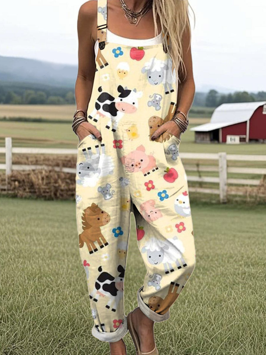 Women's Art Farm Fun Animals Print Casual 100% Cotton Wide Leg Jumpsuit