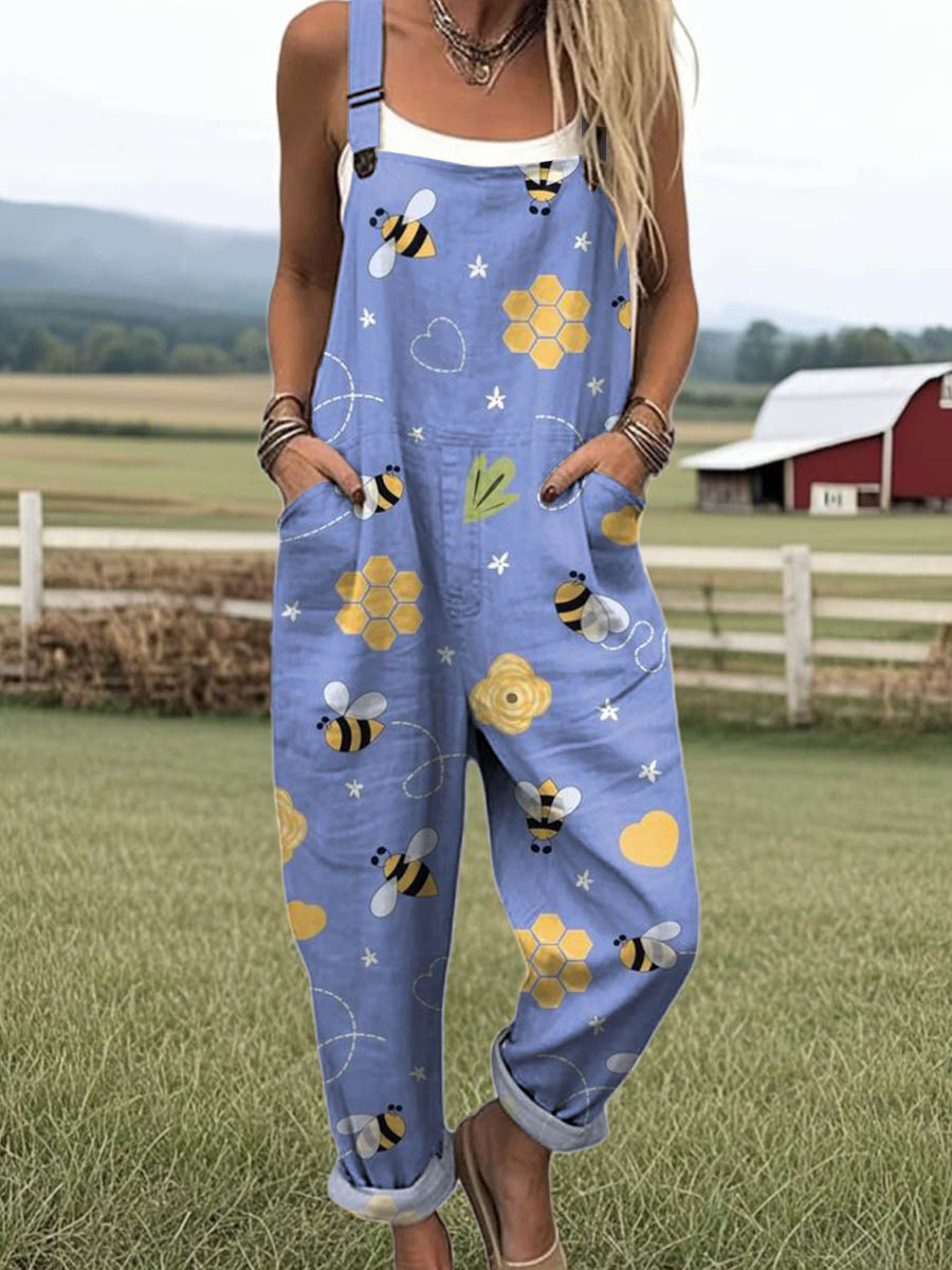 Women's Lovely Bees Art Print Casual 100% Cotton Wide Leg Jumpsuit