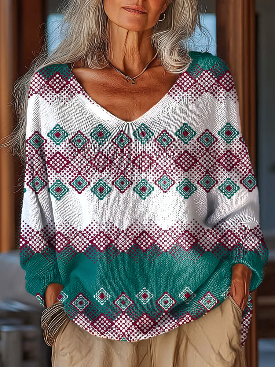 Women's Beautiful Vintage Diamond Geometric Pattern Art Print Casual Pullover Sweater