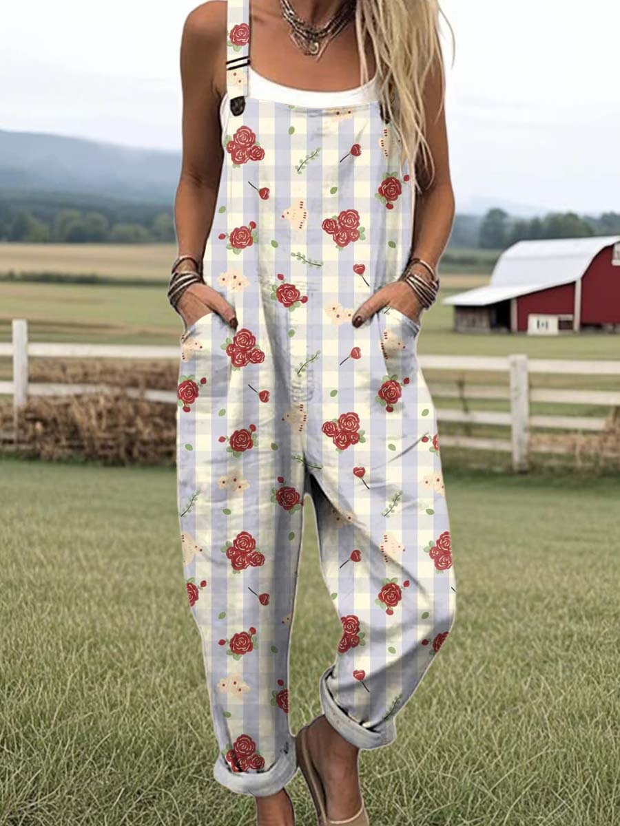 Women's Lovely Floral Art Print Casual 100% Cotton Wide Leg Jumpsuit