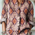 Women's Vintage Ethnic Rhombus Geometric Painting Art Print Casual Cotton And Linen Ruffle Shirt