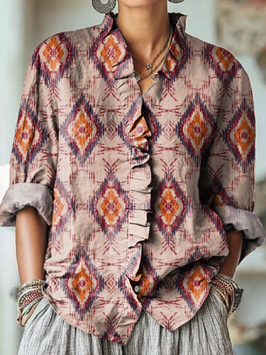 Women's Vintage Ethnic Rhombus Geometric Painting Art Print Casual Cotton And Linen Ruffle Shirt