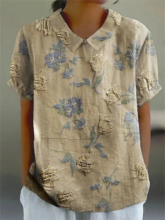 Women's Flower Art Print Casual Cotton And Linen Shirt